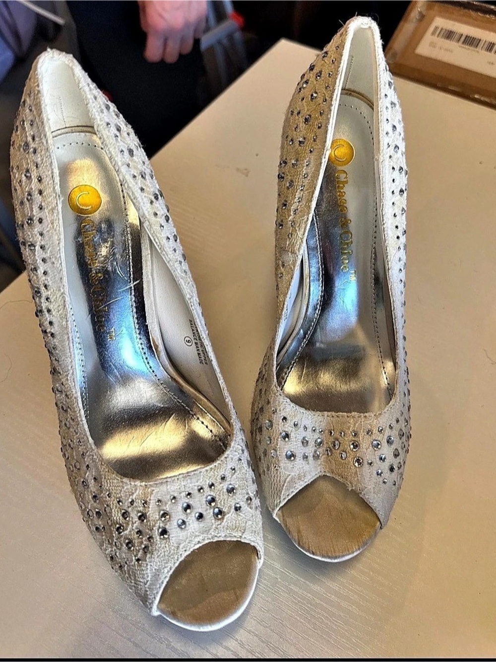 Chase & Chloe Embellished Peep-Toe Heels in White